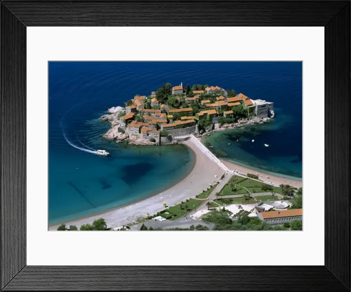 Framed Print : Aerial view over the island and beaches, Sveti Stefan, The Budva Riviera, Montenegro, Europe