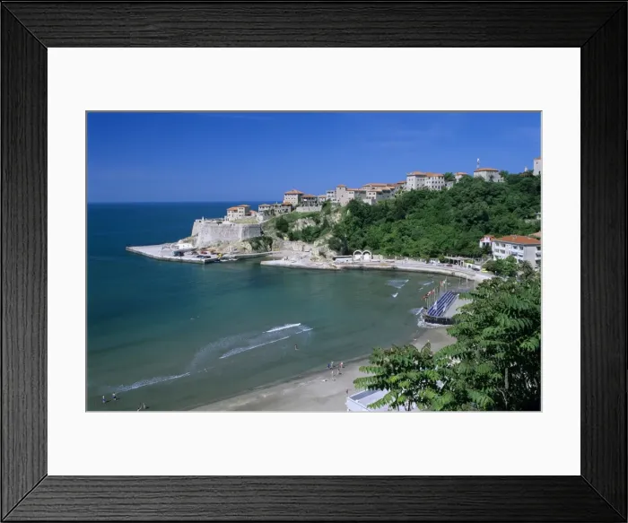 Framed Print : View over beach to the old fortified city, Ulcinj, Haj-Nehaj, Montenegro, Europe Framed Print : View over beach to the old fortified city, Ulcinj, Haj-Nehaj, Montenegro, Europe