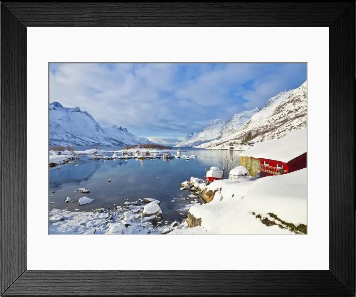 Framed Print : Snow covered mountains, boathouse and moorings in Norwegian fjord village of Ersfjord, Kvaloya island, Troms, Norway, Scandinavia, Europe