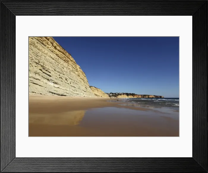 Framed Print : Golden sands and steep stratified cliffs, typical of the Atlantic coastline near Lagos, Algarve, Portugal, Europe Framed Print : Golden sands and steep stratified cliffs, typical of the Atlantic coastline near Lagos, Algarve, Portugal, Europe