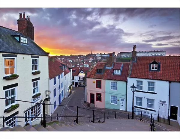 Whitby town houses at sunset from the Abbey steps, Whitby, North Yorkshire, Yorkshire, England, United Kingdom, Europe