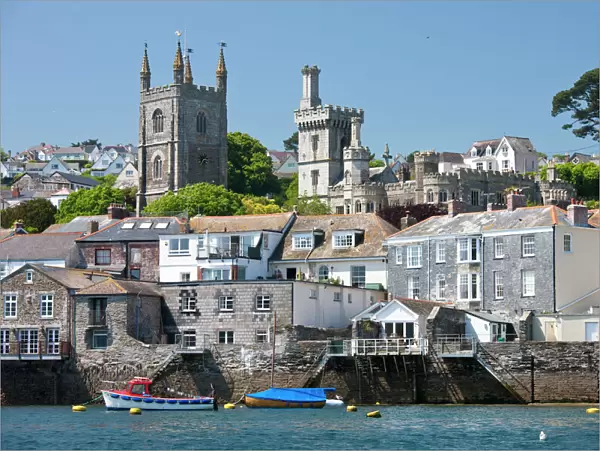 The town of Fowey, seen from the River Fowey in Cornwall, England, United Kingdom, Europe
