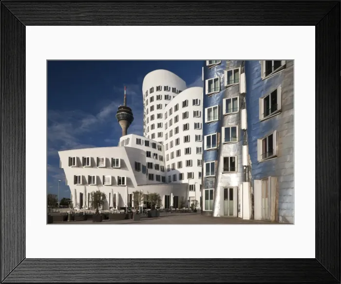 Framed Print : Neuer Zollhof office buildings with Rheinturm in background, Medienhafen, Dusseldorf, Germany, Europe Framed Print : Neuer Zollhof office buildings with Rheinturm in background, Medienhafen, Dusseldorf, Germany, Europe