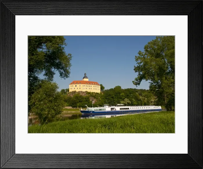 Framed Print : Cruise ship on the River Elbe in front of Castle Hirschstein, Saxony, Germany, Europe Framed Print : Cruise ship on the River Elbe in front of Castle Hirschstein, Saxony, Germany, Europe