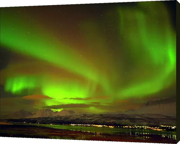 Aurora borealis (Northern Lights) seen over the Lyngen Alps, from Sjursnes, Ullsfjord, Troms, North Norway, Scandinavia, Europe