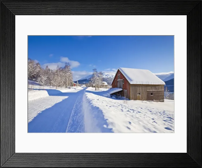 Framed Print : Snow covered road, barn and chalets in Norwegian village of Laukslett, Troms, North Norway, Scandinavia, Europe Framed Print : Snow covered road, barn and chalets in Norwegian village of Laukslett, Troms, North Norway, Scandinavia, Europe