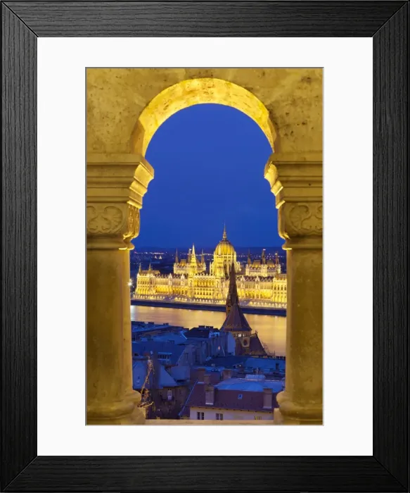 Framed Print : Parliament (Orszaghaz) through arches of Fishermens Bastion (Halaszbastya) at dusk, UNESCO World Heritage Site, Budapest, Hungary, Europe Framed Print : Parliament (Orszaghaz) through arches of Fishermens Bastion (Halaszbastya) at dusk, UNESCO World Heritage Site, Budapest, Hungary, Europe