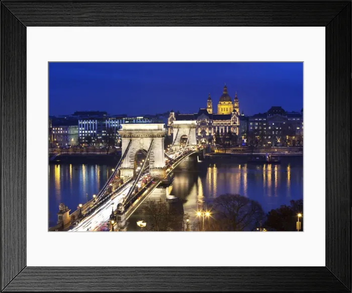 Framed Print : Chain Bridge and St. Stephens Basilica at dusk, UNESCO World Heritage Site, Budapest, Hungary, Europe Framed Print : Chain Bridge and St. Stephens Basilica at dusk, UNESCO World Heritage Site, Budapest, Hungary, Europe