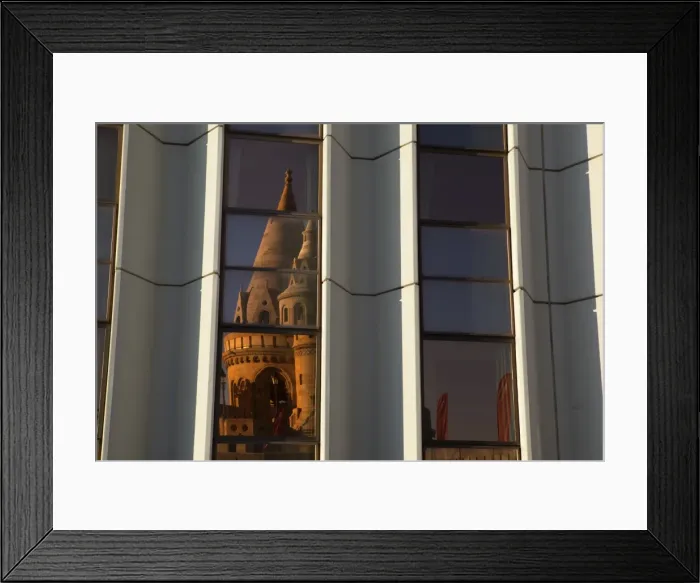 Framed Print : Fishermens Bastion (Halaszbastya) reflected in windows of Hilton Hotel, Buda, Budapest, Hungary, Europe Framed Print : Fishermens Bastion (Halaszbastya) reflected in windows of Hilton Hotel, Buda, Budapest, Hungary, Europe