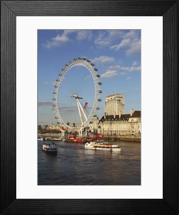 Framed Print : Cruise boats sail past County Hall and the London Eye on the South Bank of the River Thames, London, England, United Kingdom, Europe Framed Print : Cruise boats sail past County Hall and the London Eye on the South Bank of the River Thames, London, England, United Kingdom, Europe