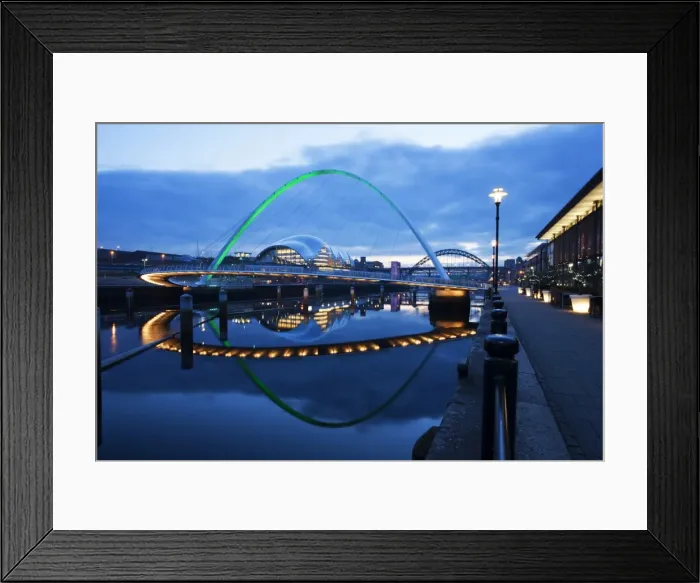 Framed Print : Gateshead Millennium Bridge, The Sage and Tyne Bridge at dusk, spanning the River Tyne between Newcastle and Gateshead, Tyne and Wear, England, United Kingdom, Europe