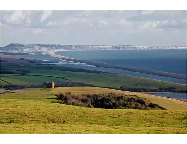 Looking across to Chesil Beach and St. Catherines chapel in Dorset, England, United Kingdom, Europe