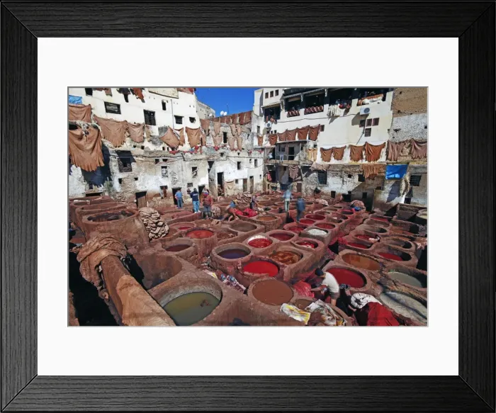 Framed Print : Chouwara traditional leather tannery in Old Fez, vats for tanning and dyeing leather hides and skins, Fez, Morocco, North Africa, Africa Framed Print : Chouwara traditional leather tannery in Old Fez, vats for tanning and dyeing leather hides and skins, Fez, Morocco, North Africa, Africa