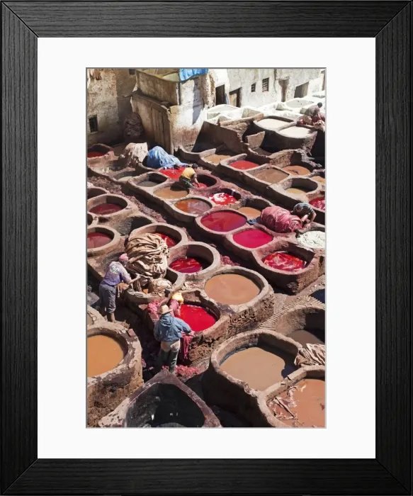 Framed Print : Vats for tanning and dyeing animal hides and skins, Chouwara traditional leather tannery in Old Fez, Fez, Morocco, North Africa, Africa Framed Print : Vats for tanning and dyeing animal hides and skins, Chouwara traditional leather tannery in Old Fez, Fez, Morocco, North Africa, Africa