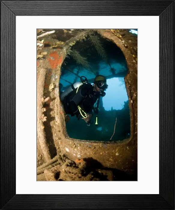 Framed Print : Diver inside the wreck of the Lesleen M freighter, sunk as an artificial reef in 1985 in Anse Cochon Bay, St. Lucia, West Indies, Caribbean, Central America Framed Print : Diver inside the wreck of the Lesleen M freighter, sunk as an artificial reef in 1985 in Anse Cochon Bay, St. Lucia, West Indies, Caribbean, Central America