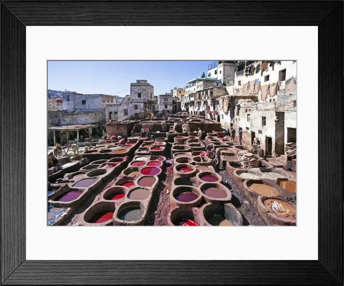 Framed Print : Chouwara traditional leather tannery in Old Fez, vats for tanning and dyeing leather hides and skins, Fez, Morocco, North Africa, Africa Framed Print : Chouwara traditional leather tannery in Old Fez, vats for tanning and dyeing leather hides and skins, Fez, Morocco, North Africa, Africa