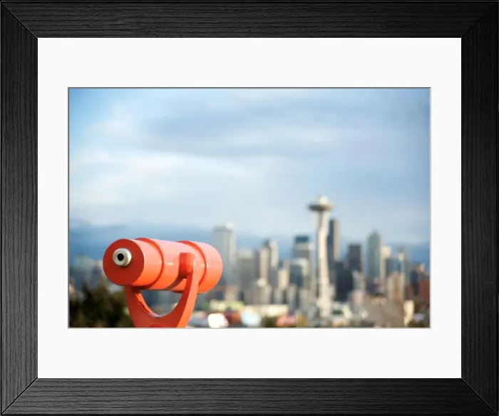 Framed Print : Telescope with view of Seattle skyline in distance, Kerry Park, Seattle, Washington State, United States of America, North America Framed Print : Telescope with view of Seattle skyline in distance, Kerry Park, Seattle, Washington State, United States of America, North America