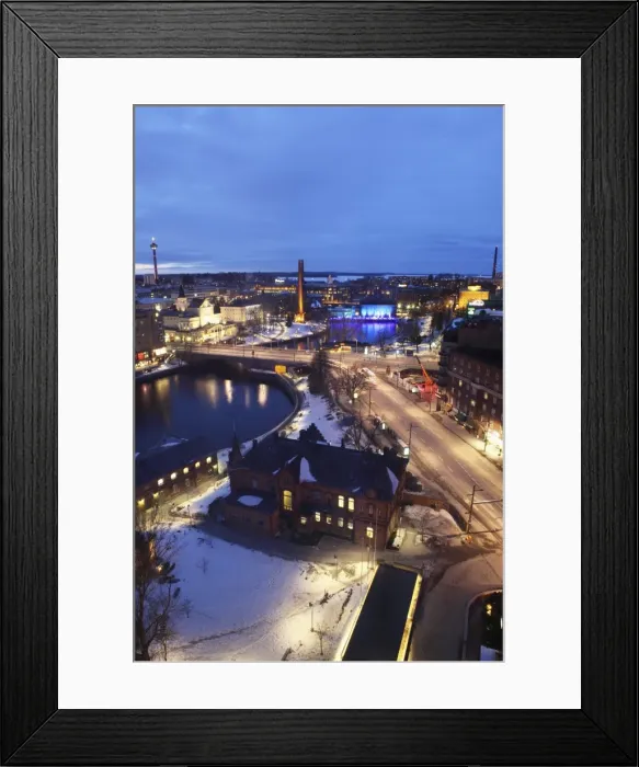 Framed Print : River Tammerkoski runs past the Finlayson Complex, the Nasinneula tower (top left), city centre of Tampere, Pirkanmaa, Finland, Scandinavia, Europe