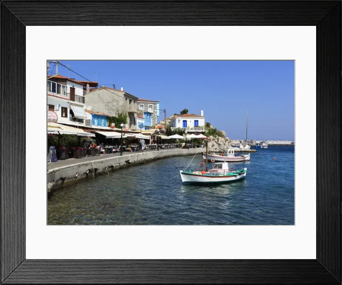 Framed Print : Cafes on harbour, Kokkari, Samos, Aegean Islands, Greece Framed Print : Cafes on harbour, Kokkari, Samos, Aegean Islands, Greece