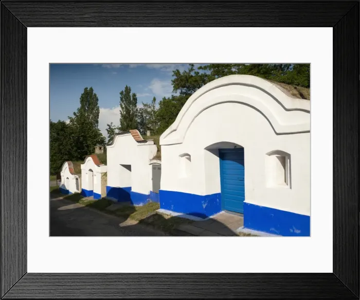 Framed Print : Wine cellars (plze) with facades painted in Moravian Slovacko folk style at wine cellar lane, Petrov, Brnensko, Czech Republic, Europe
