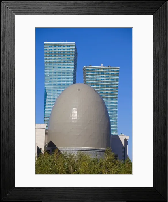 Framed Print : Nurzhol bulvar, central boulevard of Kazakhstanvs new governmental and administrative zone, Northern Lights apartment buildings and egg-shaped building of National Archive, Astana, Kazakhstan, Central Asia, Asia