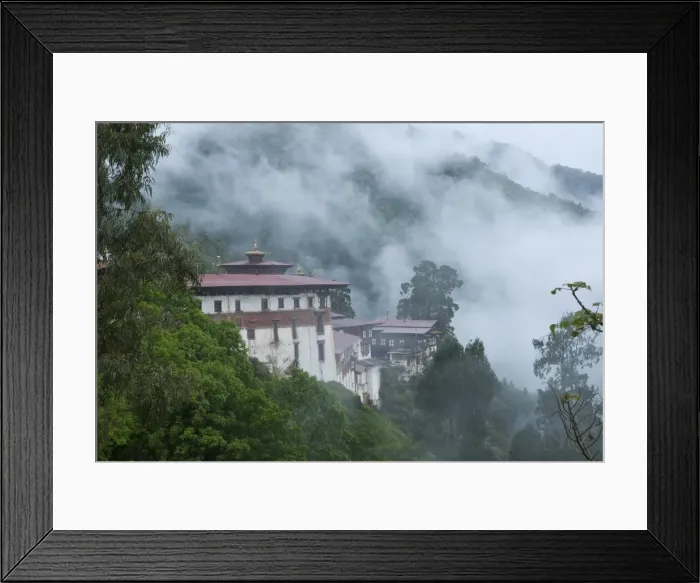 Framed Print : View of the Dzong with hills and fog, Trongsa, Bhutan, Asia Framed Print : View of the Dzong with hills and fog, Trongsa, Bhutan, Asia