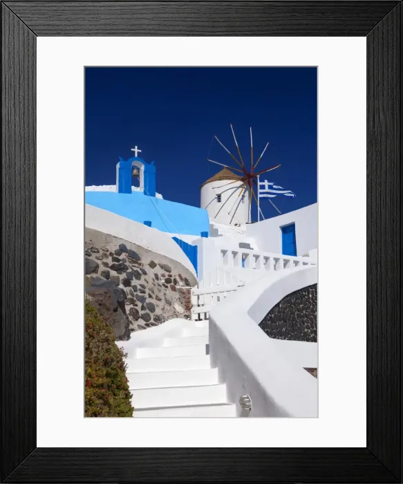 Framed Print : Church, windmill and Greek flag, Santorini, Cyclades, Greek Islands, Greece, Europe Framed Print : Church, windmill and Greek flag, Santorini, Cyclades, Greek Islands, Greece, Europe