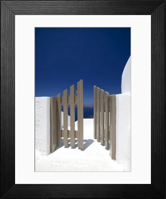 Framed Print : Open gate and view at Oia, Santorini, Cyclades, Greek Islands, Greece, Europe Framed Print : Open gate and view at Oia, Santorini, Cyclades, Greek Islands, Greece, Europe