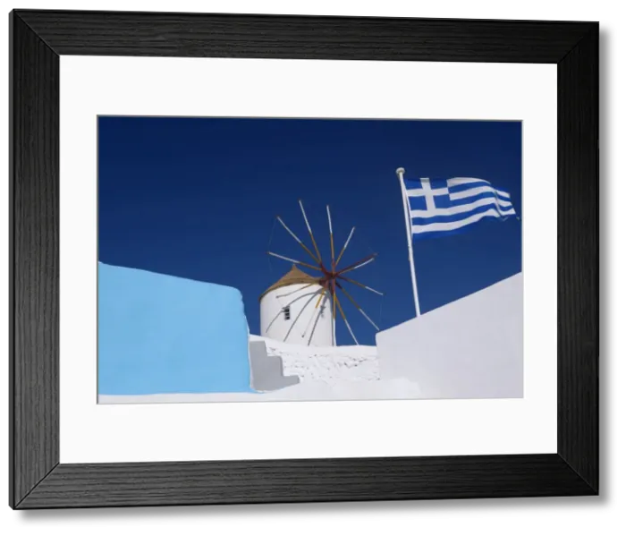Framed Print : Church, windmill and Greek flag, Santorini, Cyclades, Greek Islands, Greece, Europe Framed Print : Church, windmill and Greek flag, Santorini, Cyclades, Greek Islands, Greece, Europe