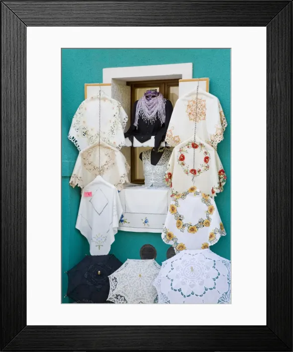Framed Print : Handmade lace on Burano Island, Venice, Veneto, Italy, Europe Framed Print : Handmade lace on Burano Island, Venice, Veneto, Italy, Europe