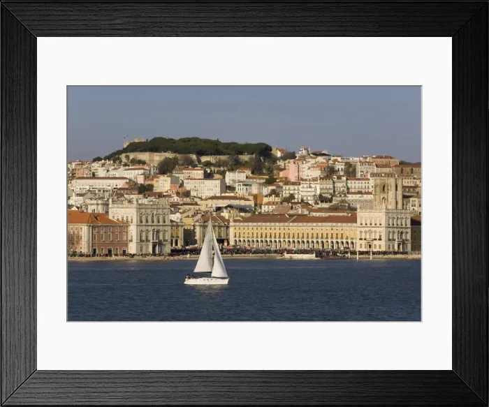 Framed Print : View from River Tagus, showing Praca Comercio, with demonstration, castle and cathedral, Lisbon, Portugal, Europe Framed Print : View from River Tagus, showing Praca Comercio, with demonstration, castle and cathedral, Lisbon, Portugal, Europe