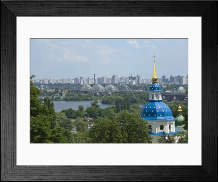 Framed Print : View of Vydubychi Monastery, looking over the Dnipro River to the residential area of Berezniaky, Kiev, Ukraine, Europe Framed Print : View of Vydubychi Monastery, looking over the Dnipro River to the residential area of Berezniaky, Kiev, Ukraine, Europe