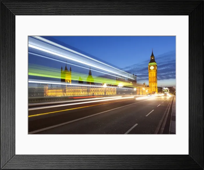 Framed Print : Motion blurred bus on Westminster Bridge and Houses of Parliament, London, England, United Kingdom, Europe Framed Print : Motion blurred bus on Westminster Bridge and Houses of Parliament, London, England, United Kingdom, Europe