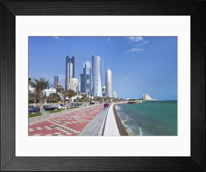Framed Print : View along the Corniche towards the new skyline of the West Bay central financial district, Doha, Qatar, Middle East Framed Print : View along the Corniche towards the new skyline of the West Bay central financial district, Doha, Qatar, Middle East
