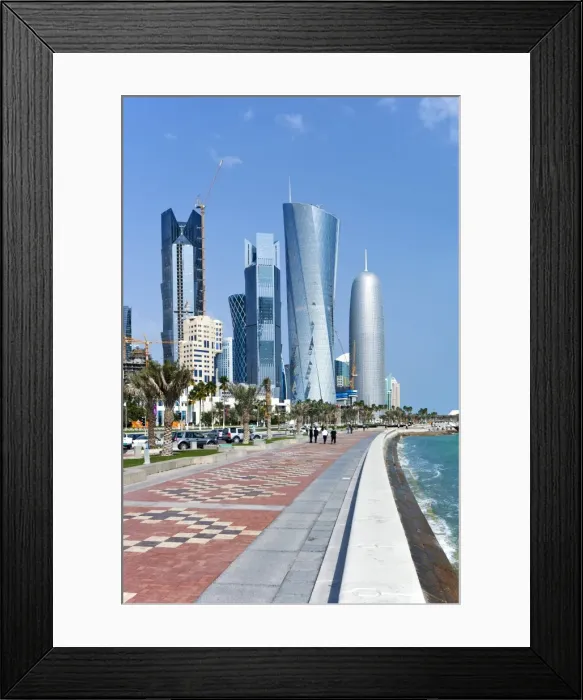 Framed Print : View along the Corniche towards the new skyline of the West Bay central financial district, Doha, Qatar, Middle East Framed Print : View along the Corniche towards the new skyline of the West Bay central financial district, Doha, Qatar, Middle East