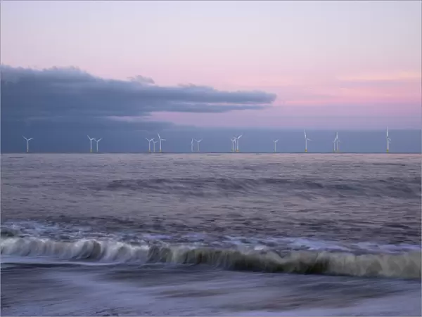 Twilight hues in the sky, view towards Scroby Sands Windfarm, Great Yarmouth, Norfolk, England