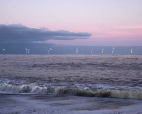 Twilight hues in the sky, view towards Scroby Sands Windfarm, Great Yarmouth, Norfolk, England