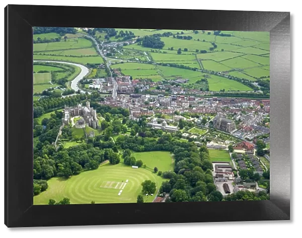 Aerial view of Arundel Castle, cricket ground and cathedral, Arundel, West Sussex, England, United Kingdom, Europe