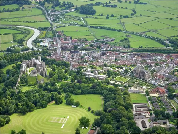 Aerial view of Arundel Castle, cricket ground and cathedral, Arundel, West Sussex, England, United Kingdom, Europe