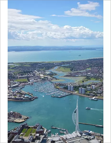 Aerial view of the Spinnaker Tower and Gunwharf Quays, Portsmouth, looking towards the Solent and Isle of Wight, Hampshire, England, United Kingdom, Europe