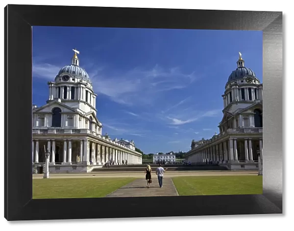 Visitors enjoy summer sunshine, Old Royal Naval College, built by Sir Christopher Wren, Greenwich, UNESCO World Heritage Site, London, England, United Kingdom, Europe