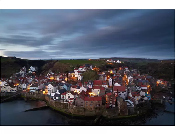 The view from Cowbar of the fishing village of Staithes, North Yorkshire, England
