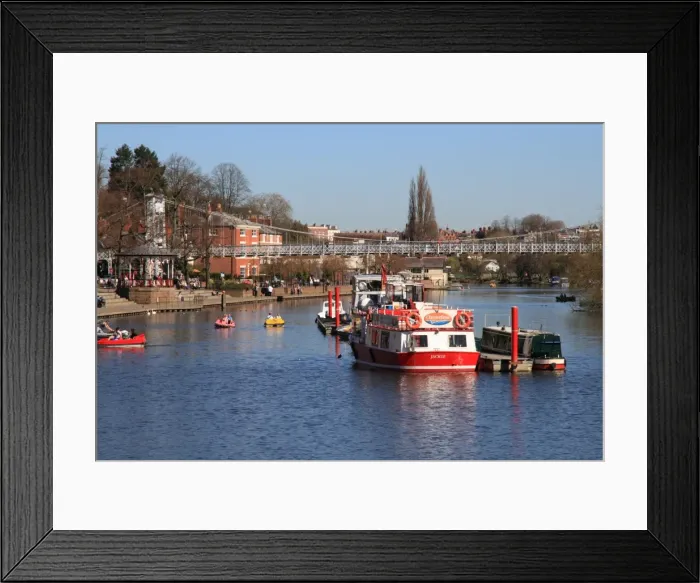 Framed Print : Boats and suspension bridge over the River Dee, Chester, Cheshire, England, United Kingdom, Europe Framed Print : Boats and suspension bridge over the River Dee, Chester, Cheshire, England, United Kingdom, Europe