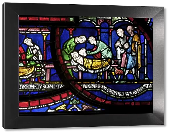 Medieval stained glass depicting the Plague in the House of Jordan Fitz-Eisulf, Becket Miracle Window 6, Trinity Chapel Ambulatory, Canterbury Cathedral, UNESCO World Heritage Site, Canterbury, Kent, England, United Kingdom, Europe