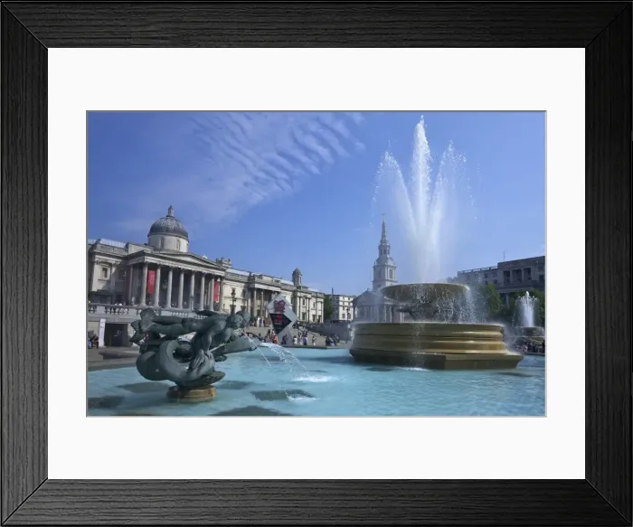 Framed Print : Tritons and dolphin fountain with the Olympic digital countdown clock and the National Gallery, Trafalgar Square, London, England, United Kingdom, Europe Framed Print : Tritons and dolphin fountain with the Olympic digital countdown clock and the National Gallery, Trafalgar Square, London, England, United Kingdom, Europe