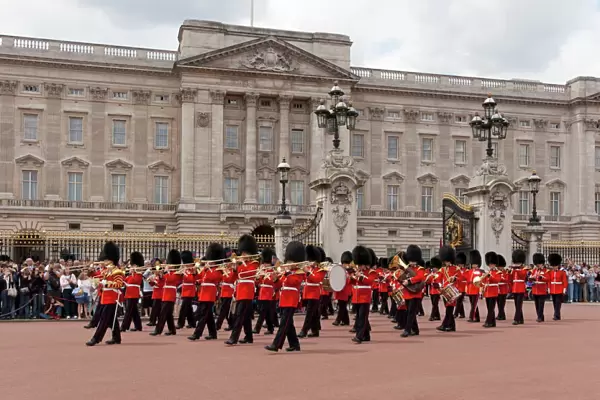 Band of the Scots Guards lead the procession from Buckingham Palace, Changing the Guard, London, England, United Kingdom, Europe