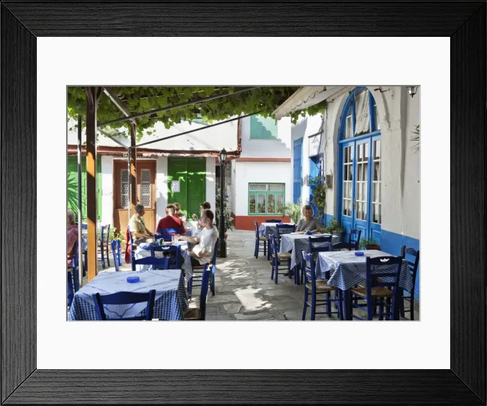 Framed Print : Greek taverna in centre of mountain village, Vourliotes, Samos, Aegean Islands, Greece