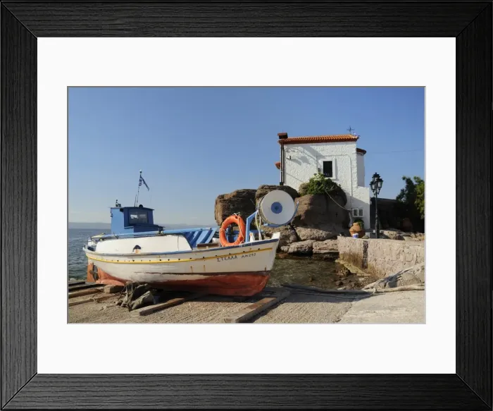 Framed Print : Fishing boat Stella on ramp near small chapel at Skala Sikaminia, Lesbos (Lesvos), Greek Islands, Greece, Europe Framed Print : Fishing boat Stella on ramp near small chapel at Skala Sikaminia, Lesbos (Lesvos), Greek Islands, Greece, Europe