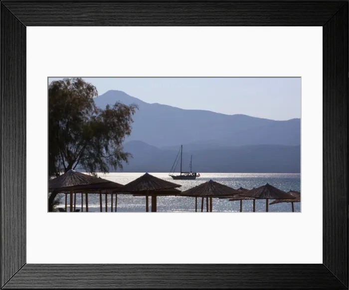 Framed Print : Umbrellas and yacht, Psili Ammos, Samos, Aegean Islands, Greece Framed Print : Umbrellas and yacht, Psili Ammos, Samos, Aegean Islands, Greece