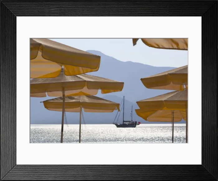 Framed Print : Umbrellas and yacht, Psili Ammos, Samos, Aegean Islands, Greece Framed Print : Umbrellas and yacht, Psili Ammos, Samos, Aegean Islands, Greece